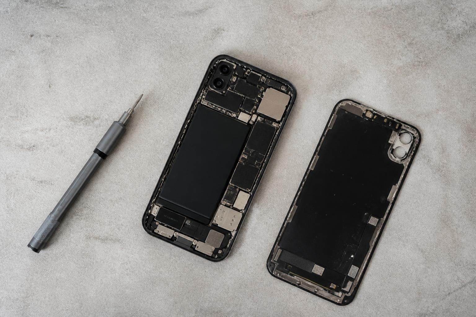 Išardytas išmanusis telefonas su matomomis vidinėmis mikroschemomis ant techninio stalo