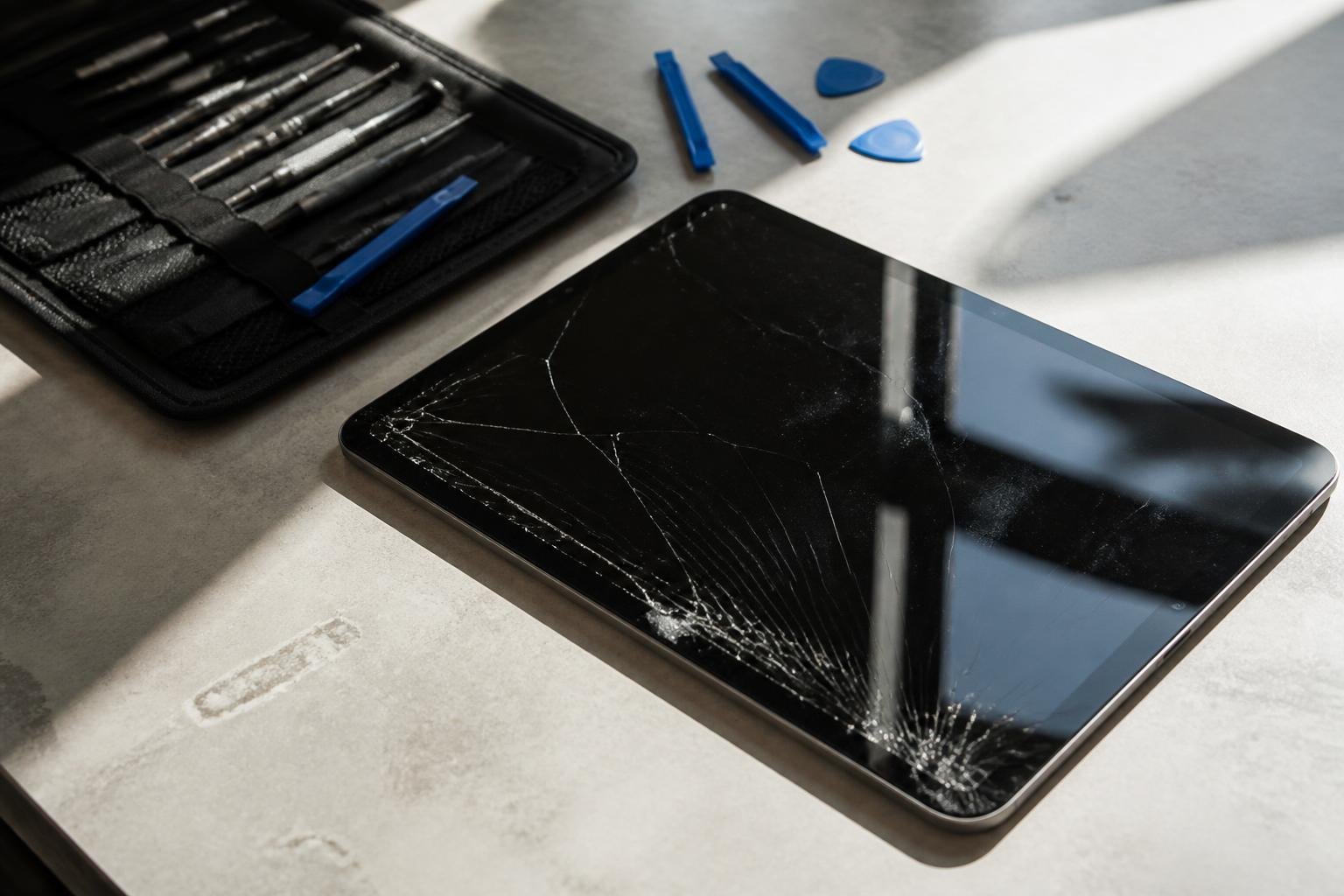 Ant stalo padėtas įskilusiu ekranu iPad planšetinis kompiuteris šalia remonto įrankių rinkinio