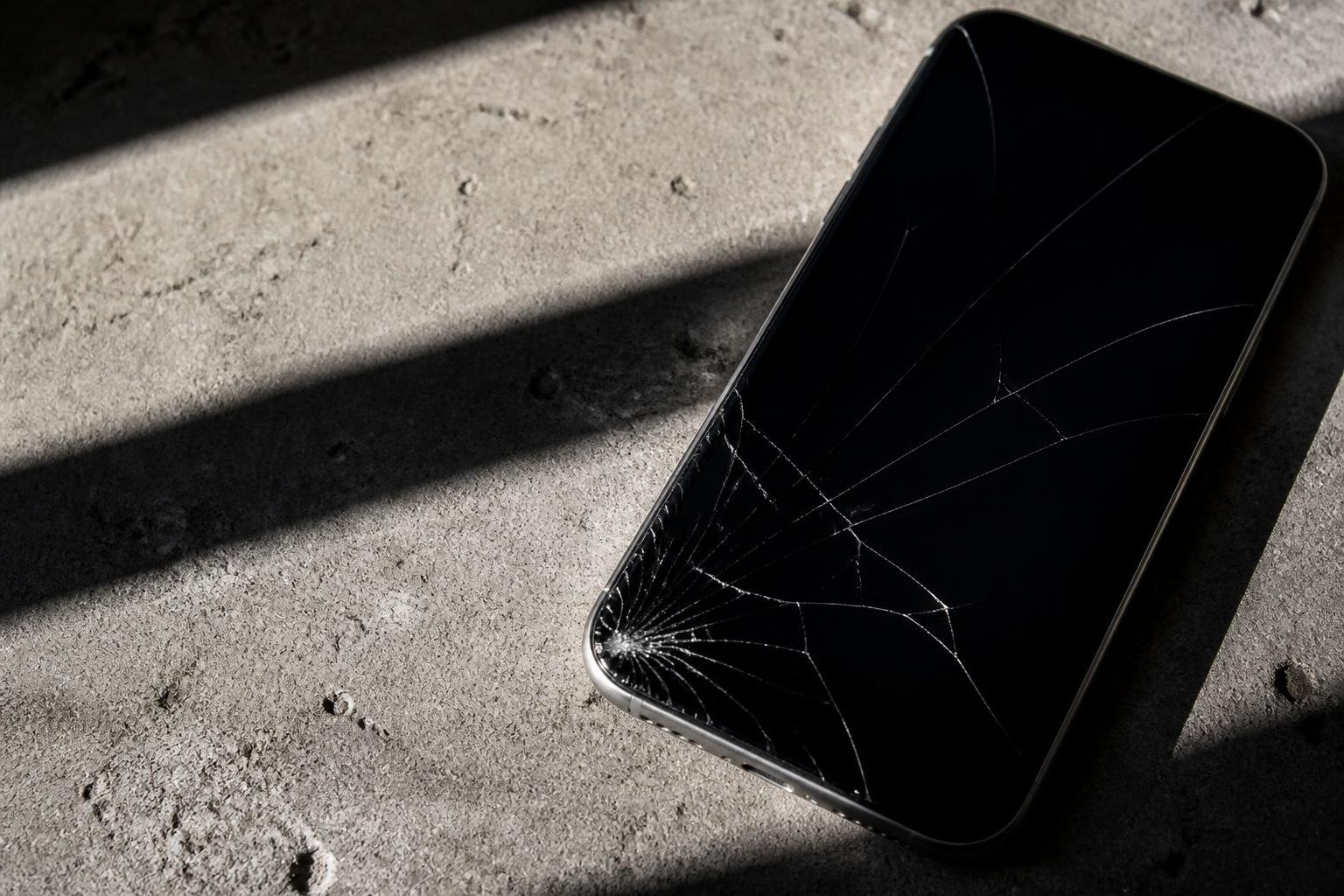 Ant stalo padėtas išmanusis telefonas su aiškiai matomu įskilusiu ekranu