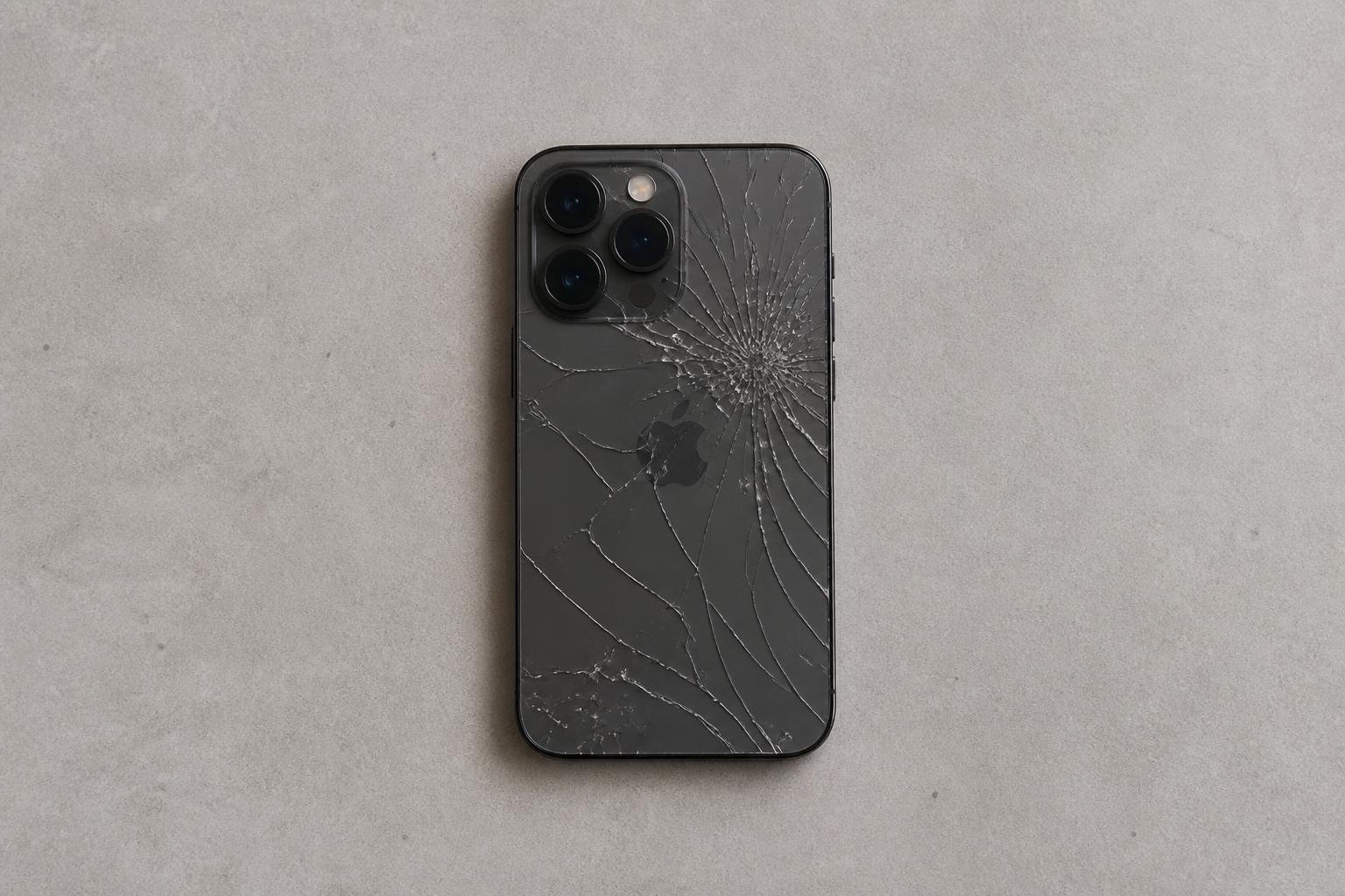 Sudužęs išmaniojo telefono galinis stiklas su daugybiniais įskilimais ant tamsaus paviršiaus