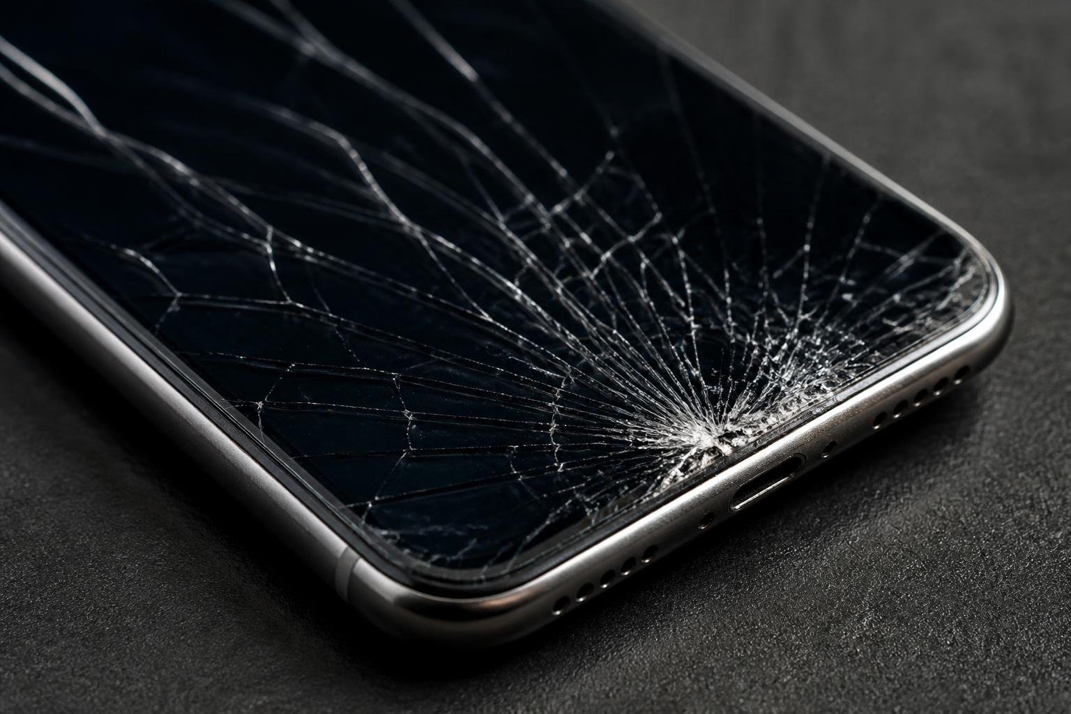 Ant stalo padėtas sudužusio ekrano „iPhone“ telefonas šalia remonto įrankių rinkinio
