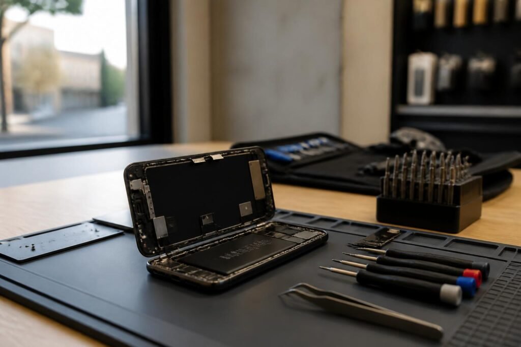 Ant stalo padėtas išardytas „iPhone“ telefonas šalia remonto įrankių ir atsarginių detalių