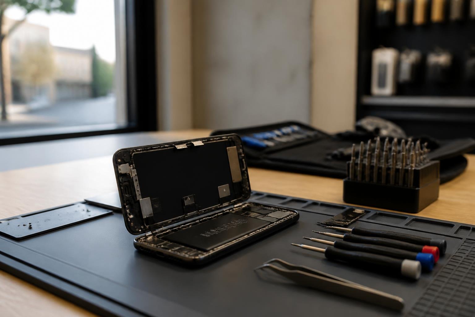 Ant stalo padėtas išardytas „iPhone“ telefonas šalia remonto įrankių ir atsarginių detalių