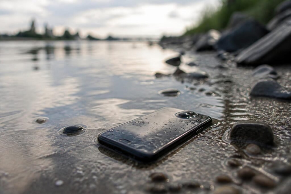 Išmanusis telefonas guli ant medinio stalo šalia vandens lašų ir popierinių rankšluosčių