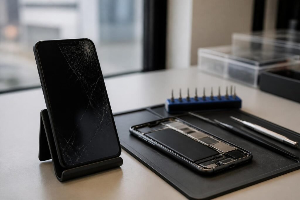 Ant stalo padėtas išardytas išmanusis telefonas su matomomis vidinėmis detalėmis ir šalia gulinčiais įrankiais
