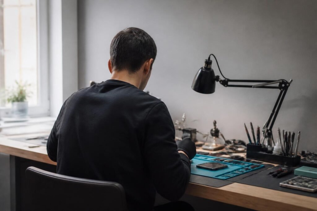 Išmaniojo telefono ekranas su įtrūkimais padėtas ant darbo stalo šalia remonto įrankių