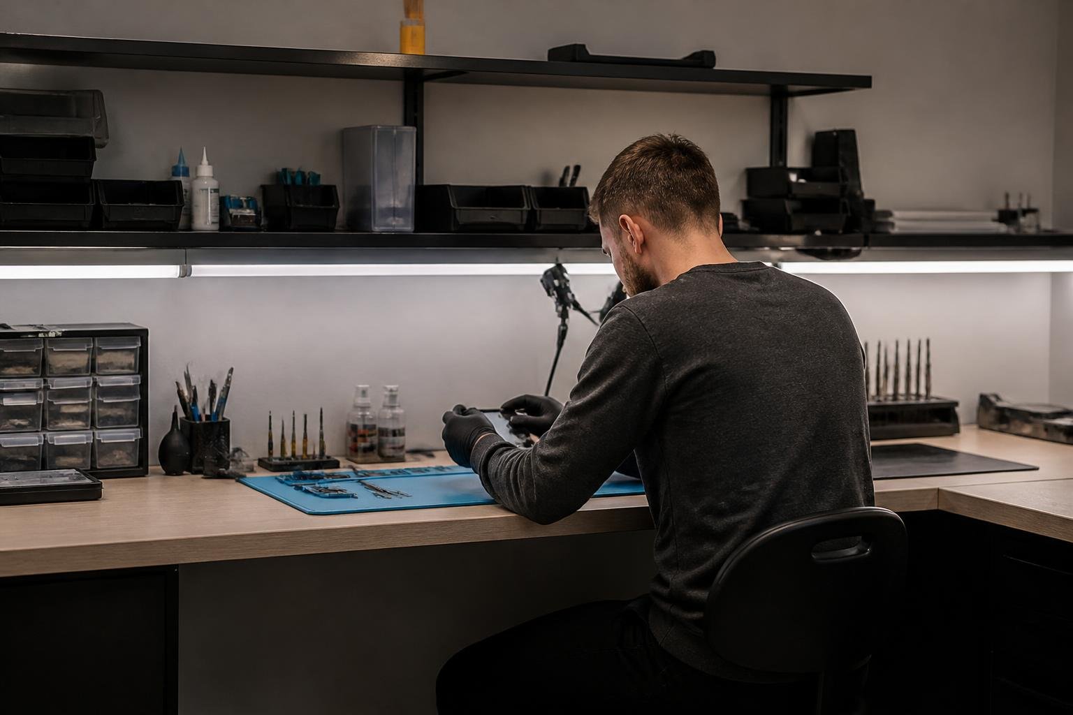 Ant stalo padėtas išardytas išmanusis telefonas su matomais vidiniais komponentais ir šalia gulinčiais įrankiais