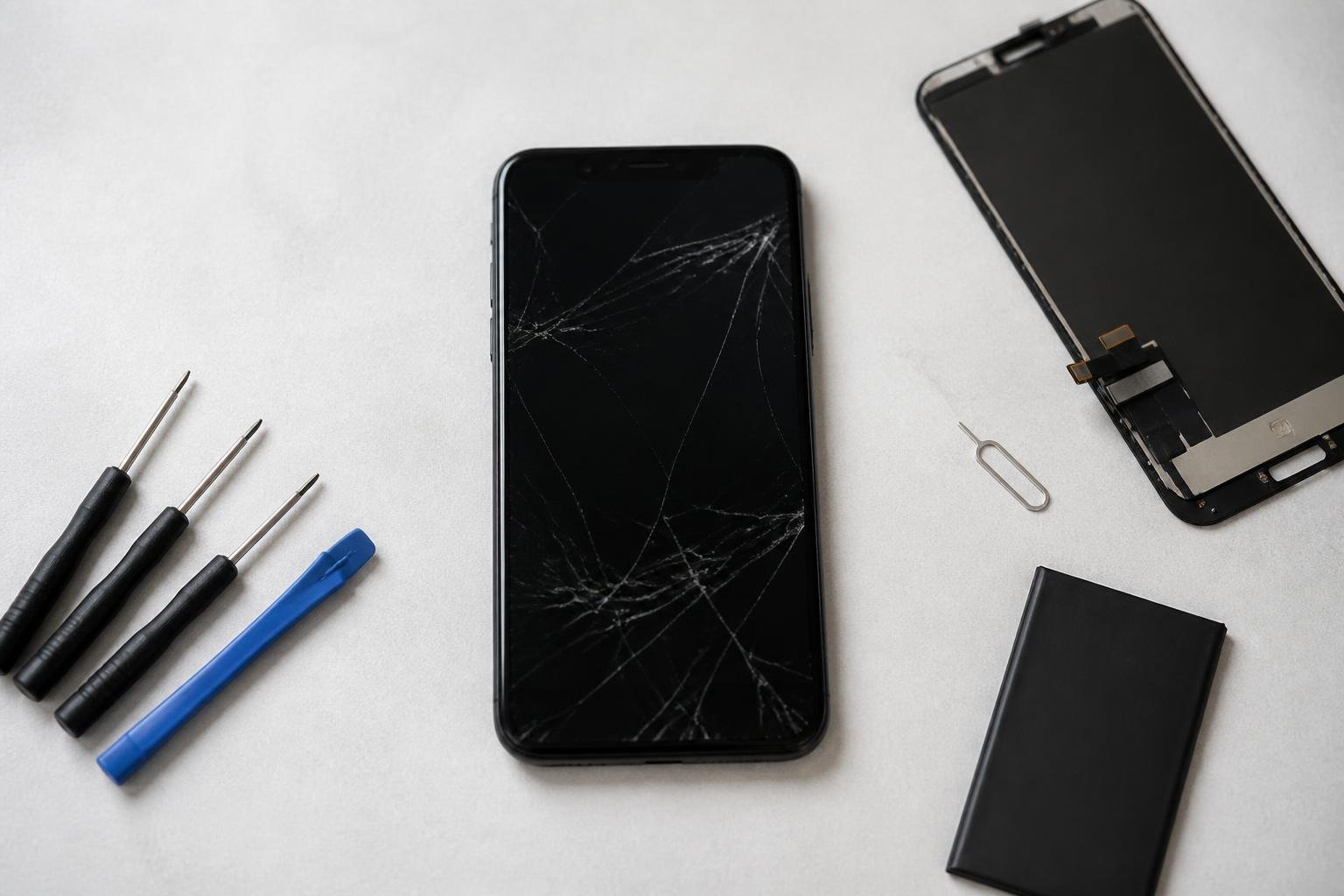 Ant stalo išardytas išmanusis telefonas su atsuktuvais ir kitais remonto įrankiais aplink jį